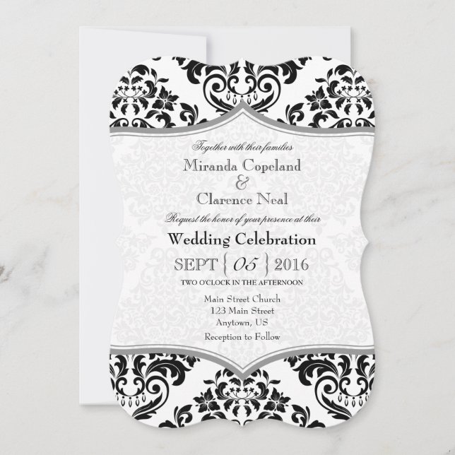 Black Gray Damask Bracket Wedite Invite Einladung (Vorderseite)