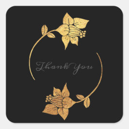 Black Gray Danke Monogram Gold Floral Wreath Quadratischer Aufkleber