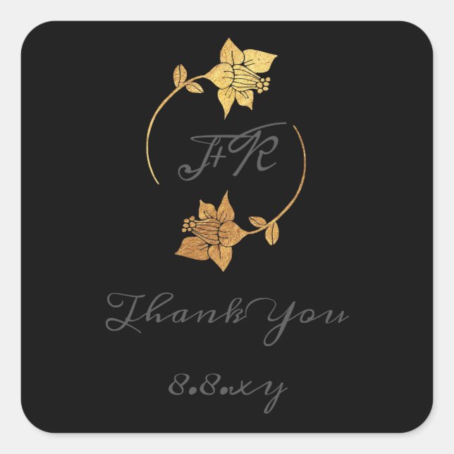 Black Gray Dankeschön Monogram Gold Blume Rett Dat Quadratischer Aufkleber (Vorderseite)