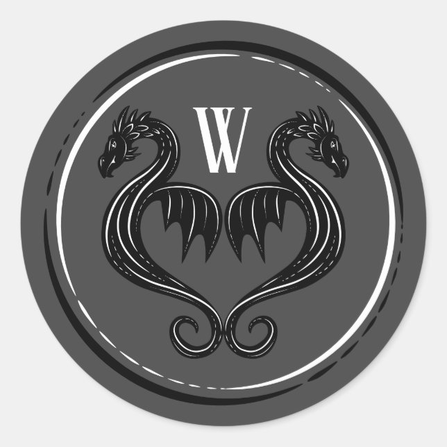 Black Gray Dragon Monogram Fantasy Wedding Runder Aufkleber (Vorderseite)