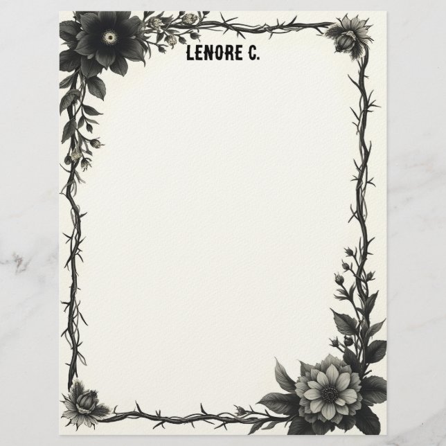 Black & Gray Flowers Thorny Frame Stationery Paper Briefbogen (Vorderseite)