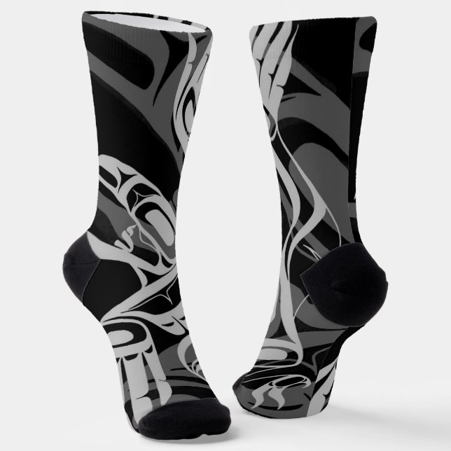 Black Gray Haida Eagle Thunder Bird Nationaler Art Socken (Gewinkelt)