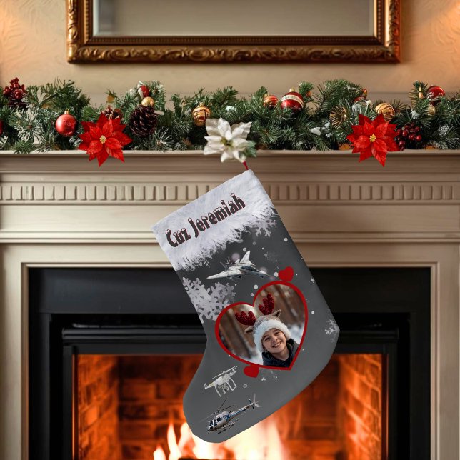Black Gray Jet Drone Aerial Flight Lovers Photo Kleiner Weihnachtsstrumpf (Personalized name and photo stocking for kids who like aeronautics with jet, drone, and helicopter)