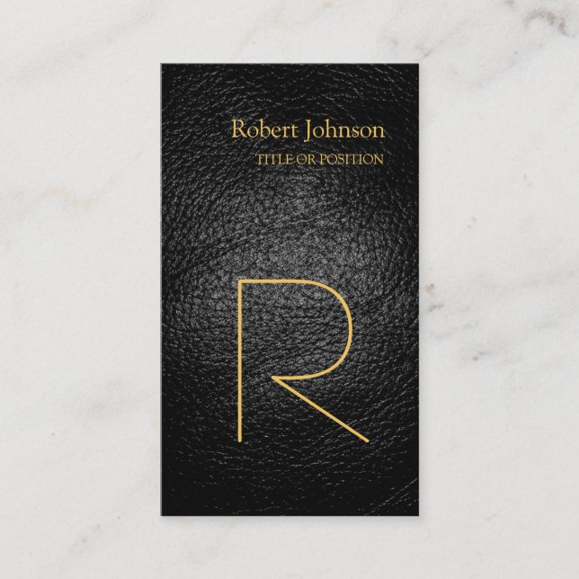 Black Gray Leather Gold Monogram Business Card Visitenkarte (Vorderseite)