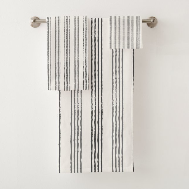 Black Gray Moderner Minimalistisch Stripe Boho Badhandtuch Set (Insitu)
