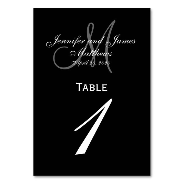 Black Gray Monogram Wedding Tischnummer Card (Vorderseite)