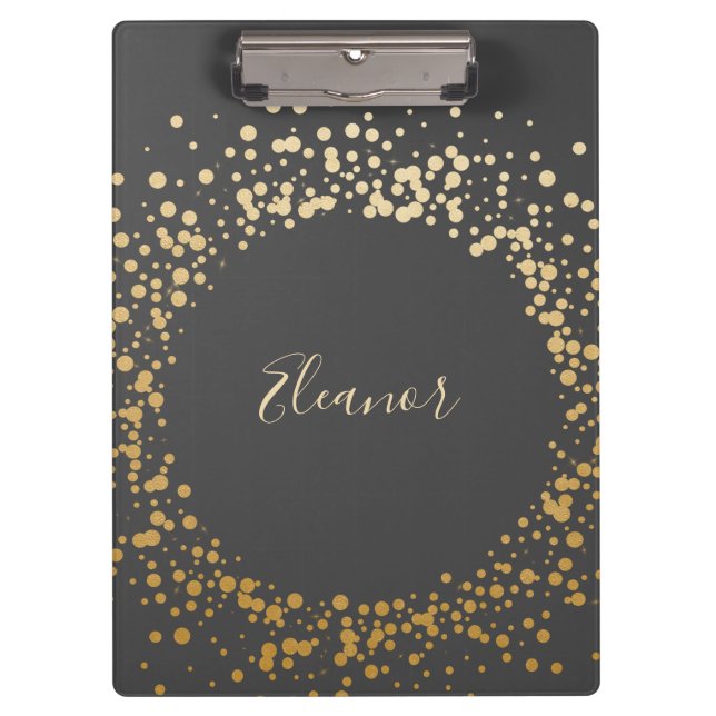 Black Gray Ombre Gold Confetti Dots Personalisiert Klemmbrett (Vorderseite)