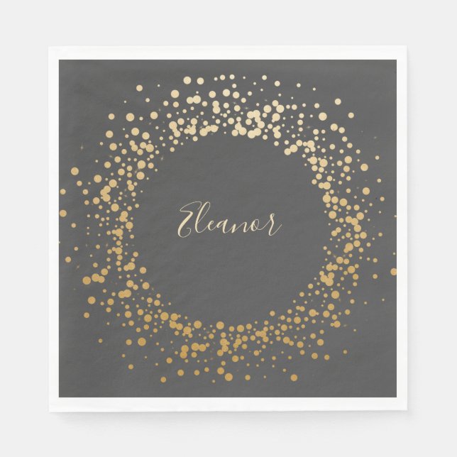 Black Gray Ombre Gold Confetti Dots Personalisiert Serviette (Vorderseite)