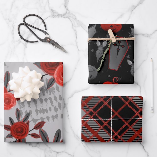 BLACK GRAY RED HALLOWEEN GIRLS FLOWERS COFFINS GESCHENKPAPIER SET (Vorderseite)