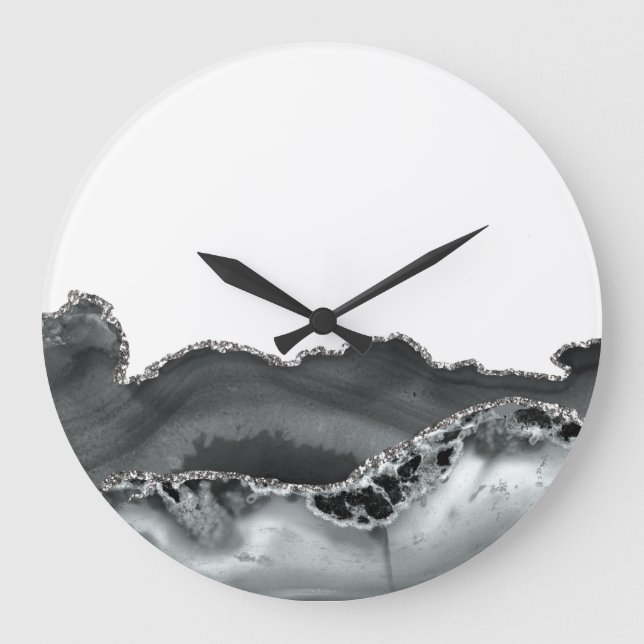 Black Gray Silver Metallic Agate Stone Große Wanduhr (Vorderseite)