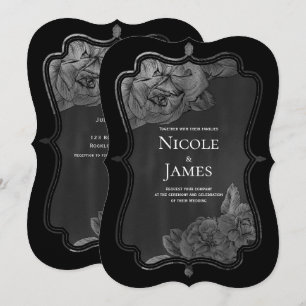 Black Gray Silver Vintag Elegant Glam Floral Einladung