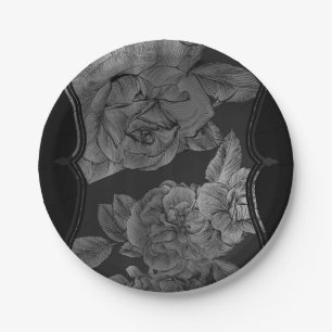 Black Gray Silver Vintag Elegant Glam Floral Pappteller