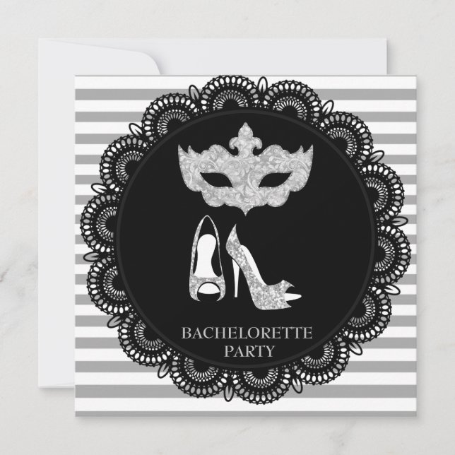 BLACK GRAY STRIPE BACHELORETTE MASQUERADE PARTY EINLADUNG (Vorderseite)