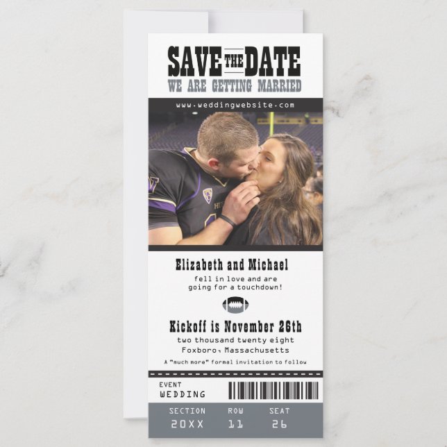 Black Gray Wedding Save the Date Football Ticket (Vorderseite)