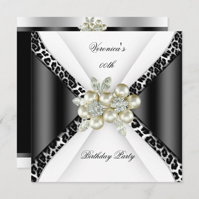 Black Gray White Leopard Pearl Birthday Party Einladung (Vorne/Hinten)