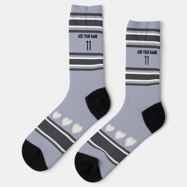 Black, gray, white- Name Number heart Socks Socken (Linkes Detail)