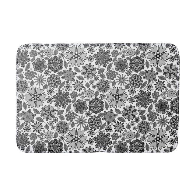 Black Gray White Retro Floral Art Seamless Pattern Badematte (Vorderseite)