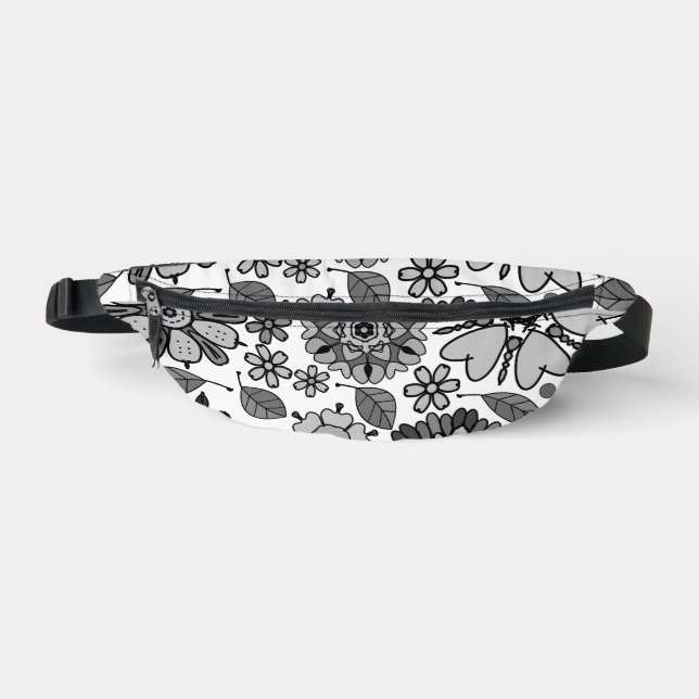 Black Gray White Retro Floral Art Seamless Pattern Bauchtasche (Vorderseite)