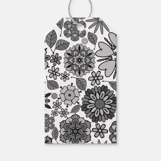 Black Gray White Retro Floral Art Seamless Pattern Geschenkanhänger (Vorderseite)