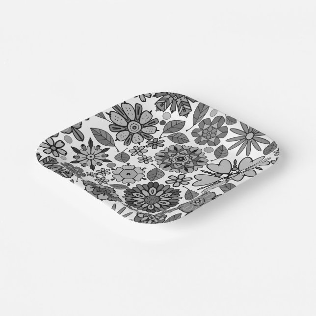 Black Gray White Retro Floral Art Seamless Pattern Pappteller (Gewinkelt)