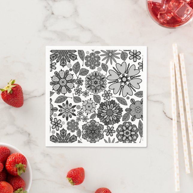 Black Gray White Retro Floral Art Seamless Pattern Serviette (Beispiel)
