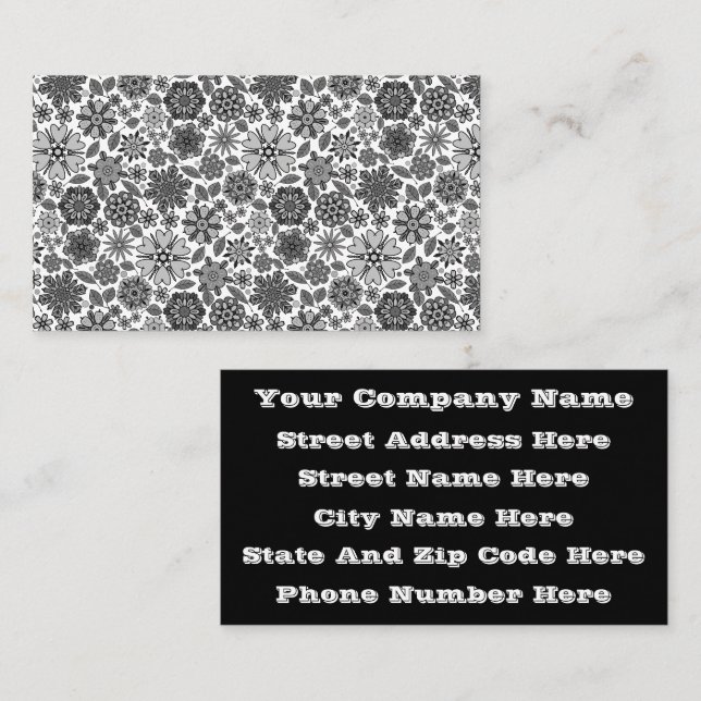 Black Gray White Retro Floral Art Seamless Pattern Visitenkarte (Vorne/Hinten)