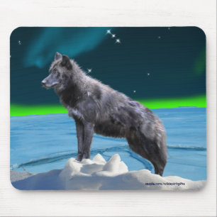 Black Gray Wolf & Northern Lights Fantasy Mousepad
