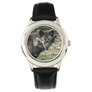 Black Gray Wolf Wildlife Design Armbanduhr