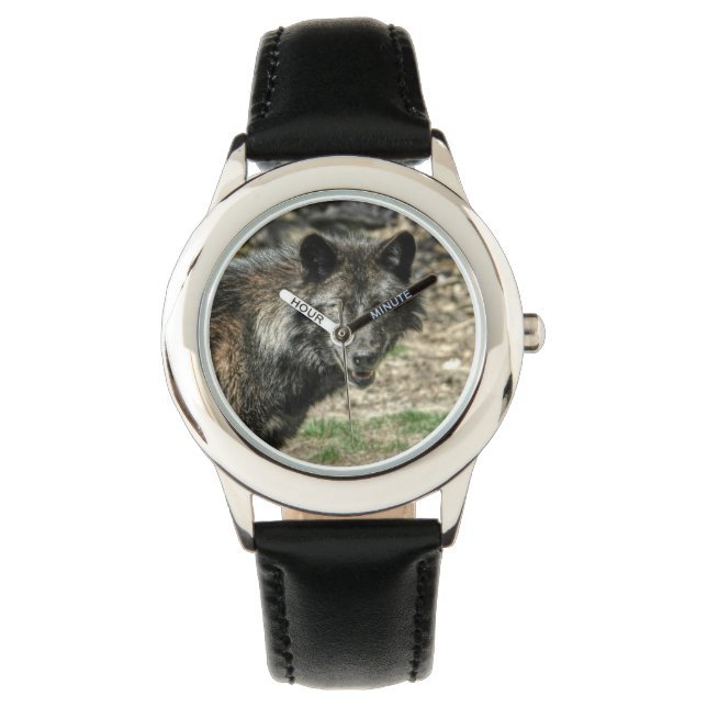 Black Gray Wolf Wildlife Design Armbanduhr (Vorderseite)