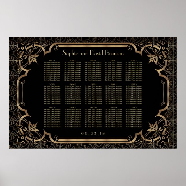 Black Great Gatsby Art Deco Seating Chart der 1920 Poster (Vorne)