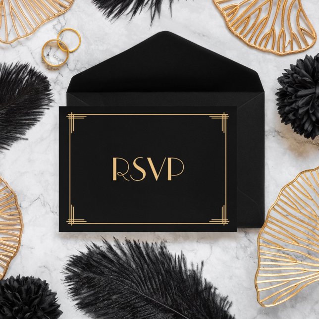Black Great Gatsby Art Deco Wedding RSVP Card (Von Creator hochgeladen)