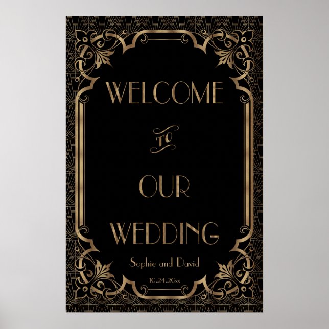Black Great Gatsby Art Deco Wedding Willkommenszei Poster (Vorne)