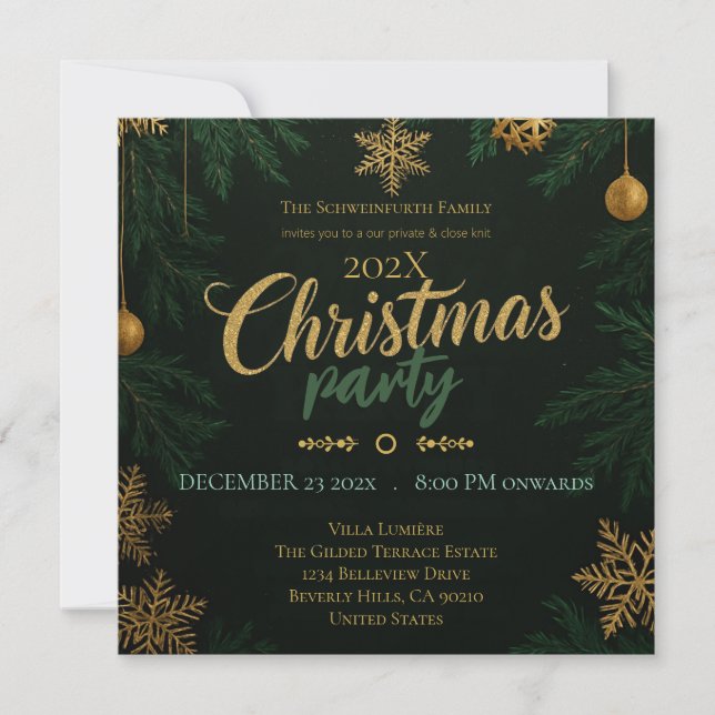 Black Green and Gold Classic Christmas Invitation Einladung (Vorderseite)