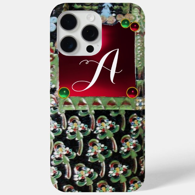 BLACK GREEN ART NOUVEAU GEMSTONE MONOGRAM, Red Rub Case-Mate iPhone Hülle (Rückseite)