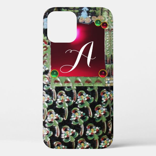 BLACK GREEN ART NOUVEAU GEMSTONE MONOGRAM, Red Rub Case-Mate iPhone Hülle (Rückseite)