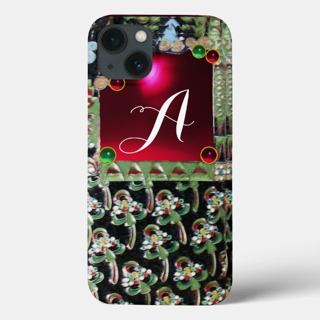 BLACK GREEN ART NOUVEAU GEMSTONE MONOGRAM, Red Rub Case-Mate iPhone Hülle (Rückseite)
