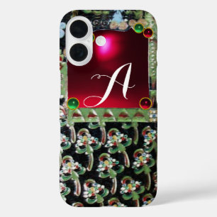 BLACK GREEN ART NOUVEAU GEMSTONE MONOGRAM, Red Rub iPhone 16 Hülle