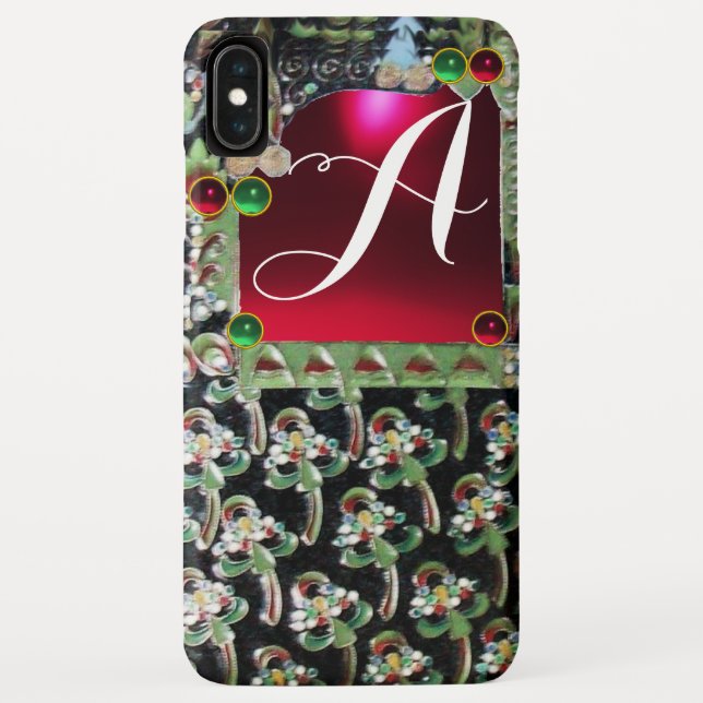 BLACK GREEN ART NOUVEAU GEMSTONE MONOGRAM, Red Rub Case-Mate iPhone Hülle (Rückseite)