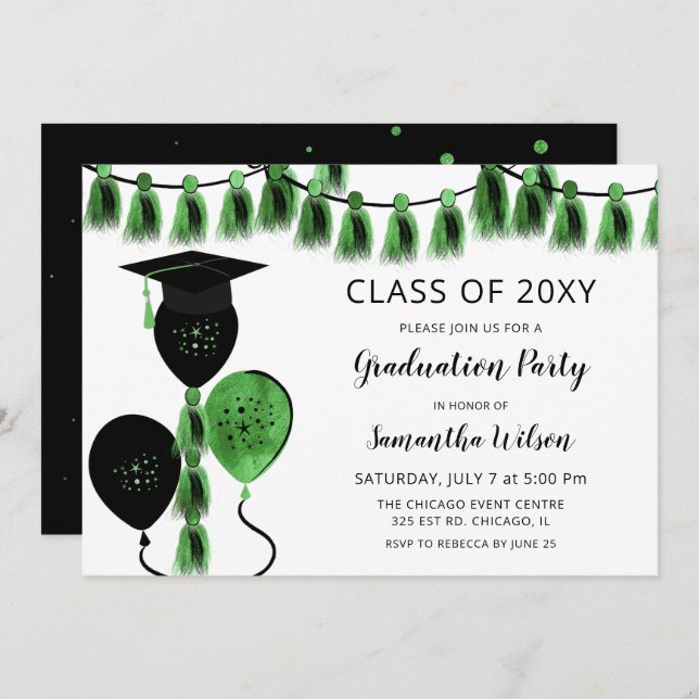 Black Green Balloons Grad Hat Graduation Party Einladung (Vorne/Hinten)
