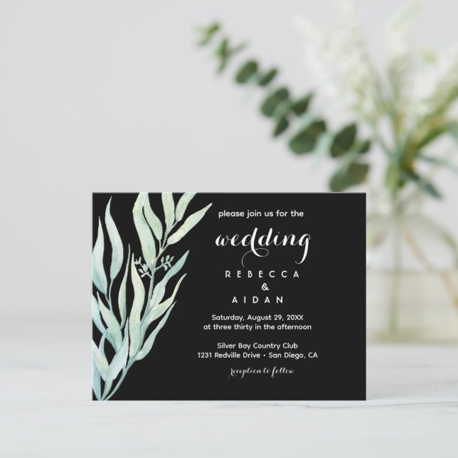 Black Green Botanical Wedding Invitation Einladungspostkarte (Stehend Vorderseite)