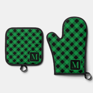 Black Green Buffalo Kariert Gingham Monogram Niedl Ofenhandschuh & Topflappen-Set