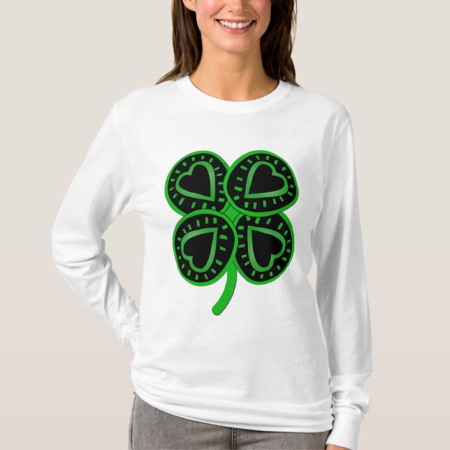 Black Green Clover Heart St Patrick Frau Long S T T-Shirt (Vorderseite)