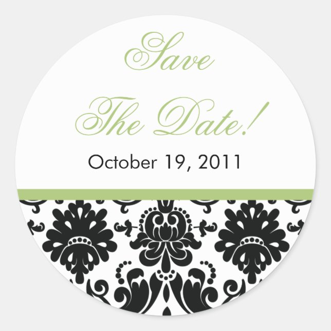 Black & Green Damask Save the Date Hochzeitsaufkle Runder Aufkleber (Vorderseite)