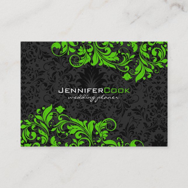 Black & Green Floral Damasks 5 Hochzeitsplaner Visitenkarte (Vorderseite)