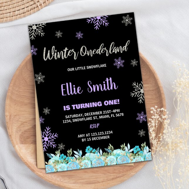 Black Green Floral Winter Einladungen (Black Green Floral Winter ONEderland Invitations)