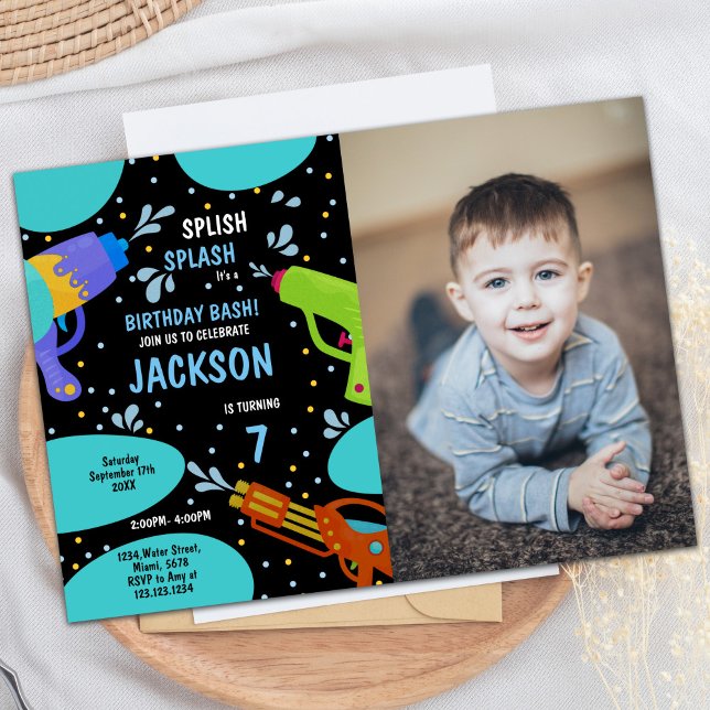 Black Green Foto Water Gun Einladungen (7th Black Green Photo Water Gun Invitations)