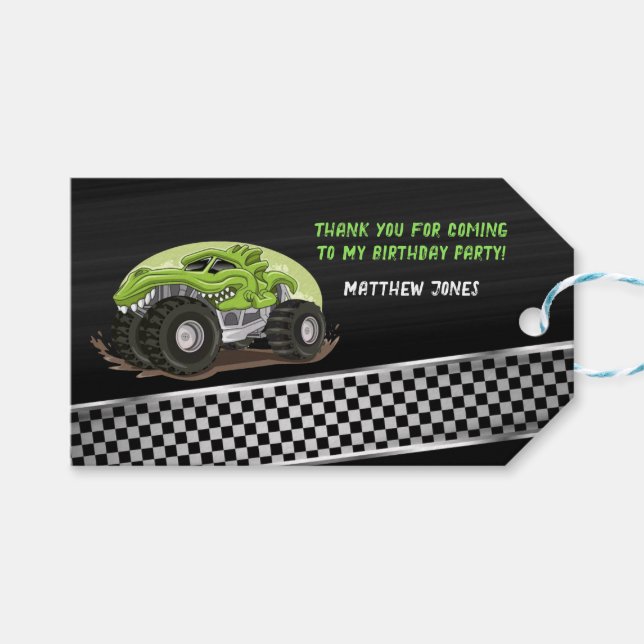 Black Green Gator Monster Truck Birthday Party Geschenkanhänger (Vorderseite (Horizontal))
