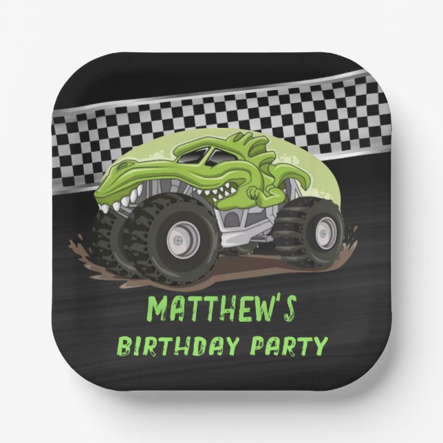 Black Green Gator Monster Truck Birthday Party Pappteller (Vorderseite)