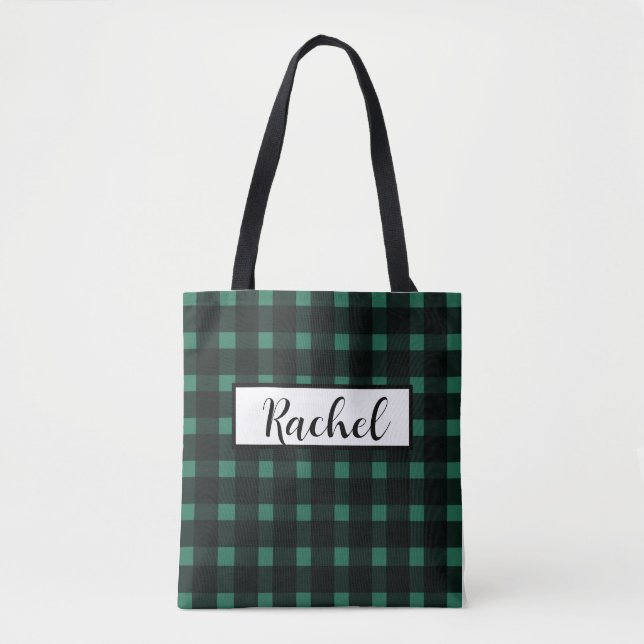 Black Green Gingham Personalisiert Tote Bag (Vorderseite)