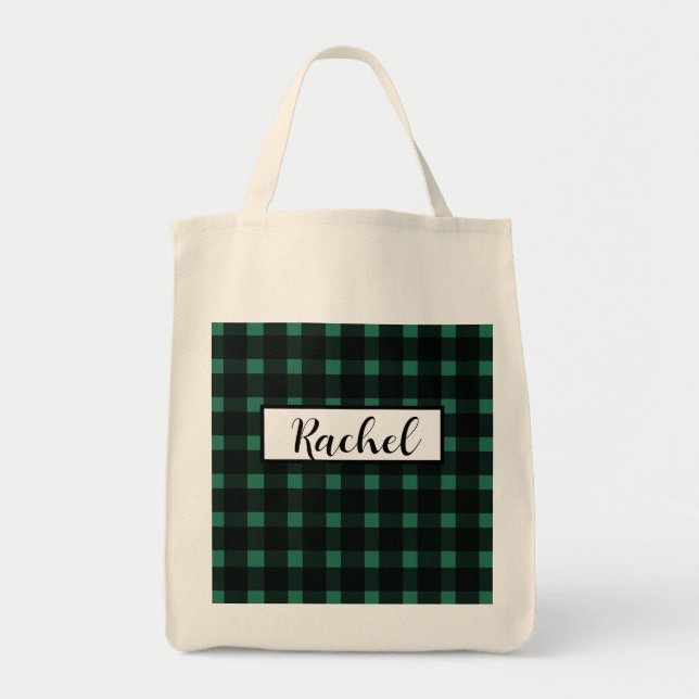 Black Green Gingham Personalisiert Tragetasche (Vorne)